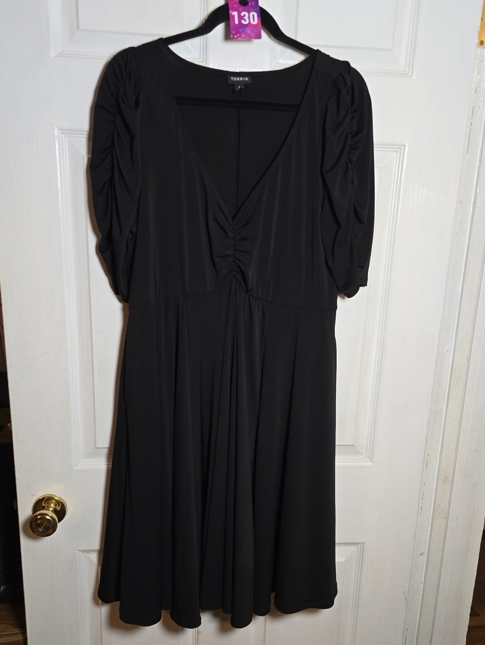 130 torrid 1 1X Black V-Neck Ruched Sleeve Midi Dress with Flowy Skirt